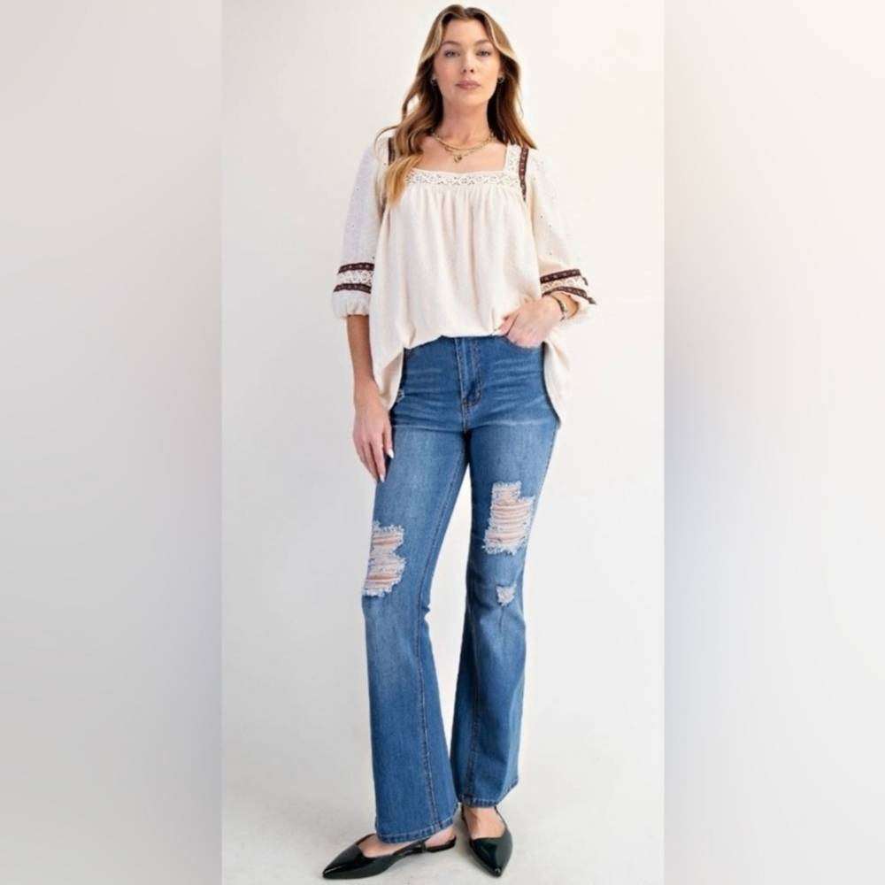Easel Jeans Denim Classic Blue Distressed Stretch